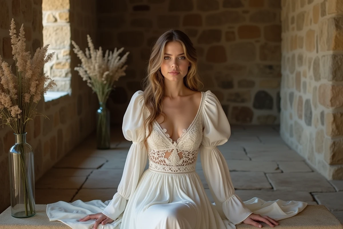 Grande mariée élancée en robe bohème colonne avec manches longues et broderies crochet dans une chapelle rustique