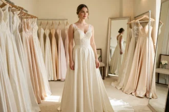 Jeune femme essayant une robe de mariée en dentelle ivoire dans une boutique de mariage élégante, reflétant différents styles et prix de robes de mariée