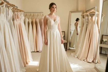 Jeune femme essayant une robe de mariée en dentelle ivoire dans une boutique de mariage élégante, reflétant différents styles et prix de robes de mariée