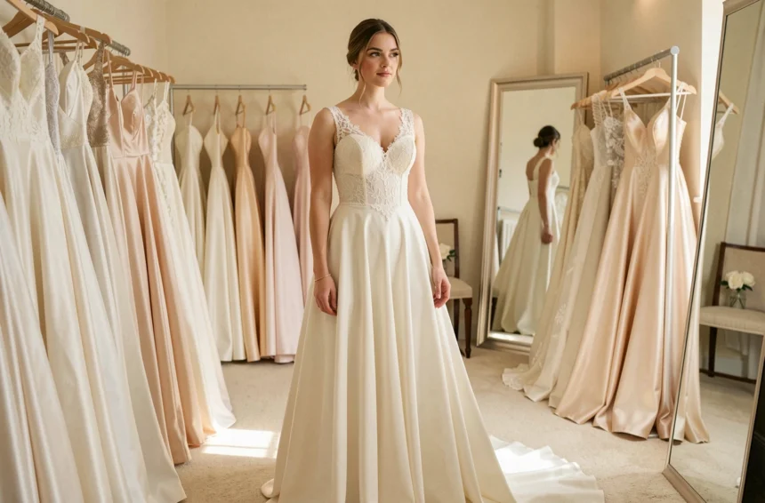 Jeune femme essayant une robe de mariée en dentelle ivoire dans une boutique de mariage élégante, reflétant différents styles et prix de robes de mariée
