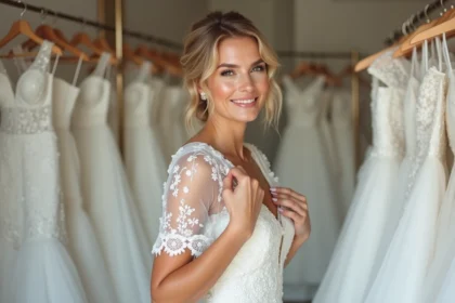 Femme en robe de mariée élégante dans une boutique