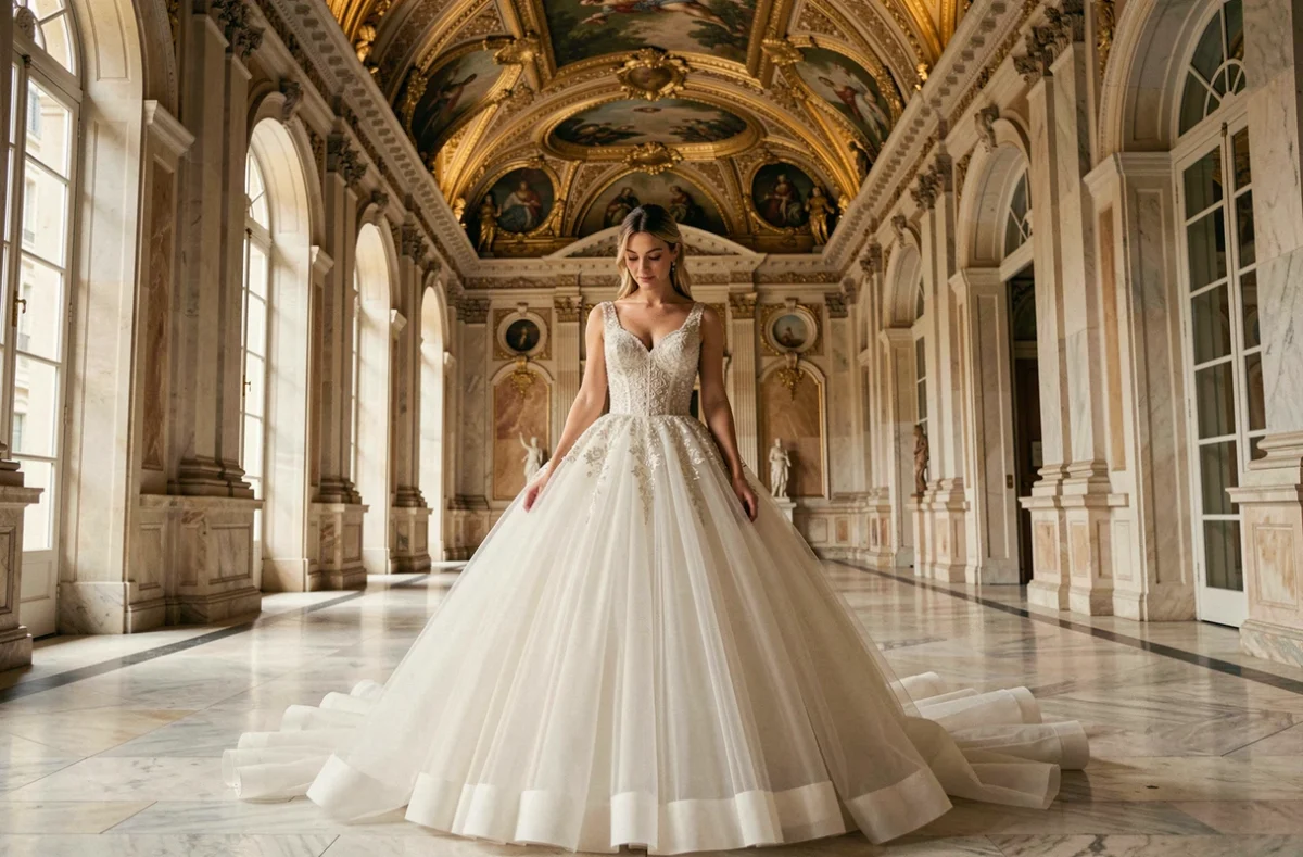 Mariée en robe de mariée princesse volumineuse avec jupe en tulle et bustier brodé dans un château historique, mettant en valeur les robes de mariée haut de gamme et leurs prix