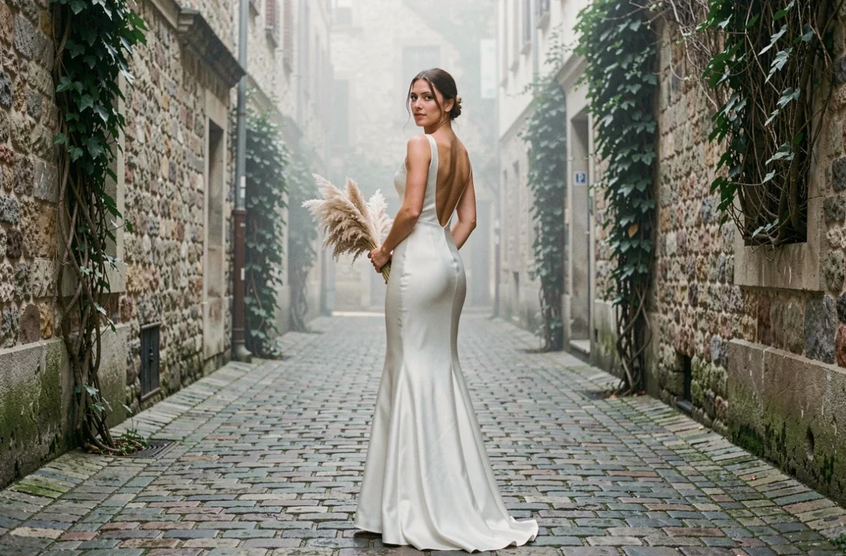 Mariée en robe de mariée minimaliste en satin à silhouette colonne posant dans une ruelle pavée européenne, illustrant les styles épurés et leur gamme de prix