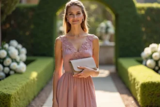 Femme en robe habillée rose poudré avec accessoires discrets perles et pochette beige lors d'un mariage en jardin