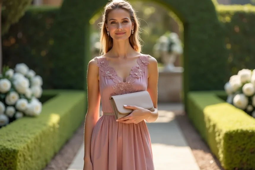 Femme en robe habillée rose poudré avec accessoires discrets perles et pochette beige lors d'un mariage en jardin