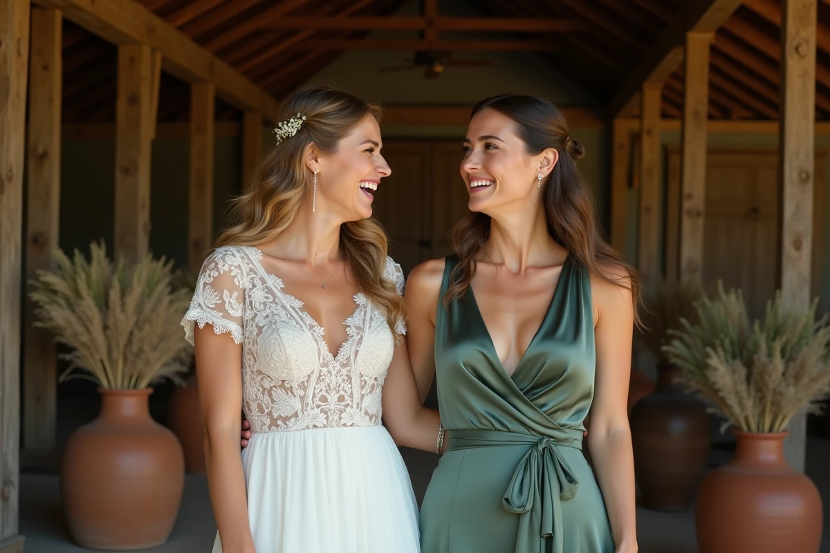 Deux mariées comparant une robe blanche traditionnelle et une robe de mariée verte sauge dans une grange rustique