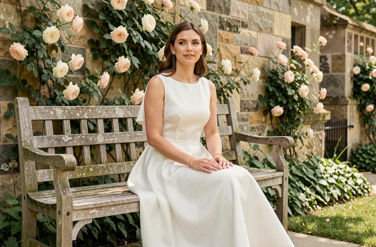 Mariée en robe satin minimaliste sans manches assise dans un jardin de mairie fleuri, look simple et élégant pour cérémonie civile