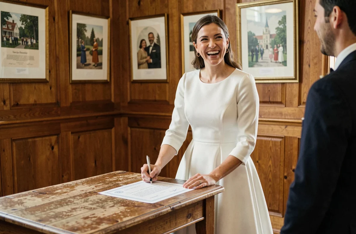 Mariée en robe mi-longue blanche signant le registre lors d'un mariage civil intimiste dans une mairie de style classique