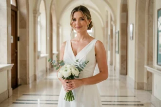 Femme en robe de mariée simple blanc cassé pour mariage civil, tenant un bouquet de renoncules blanches dans un couloir élégant avec sol en marbre