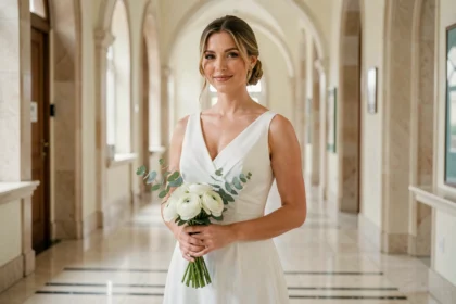 Femme en robe de mariée simple blanc cassé pour mariage civil, tenant un bouquet de renoncules blanches dans un couloir élégant avec sol en marbre