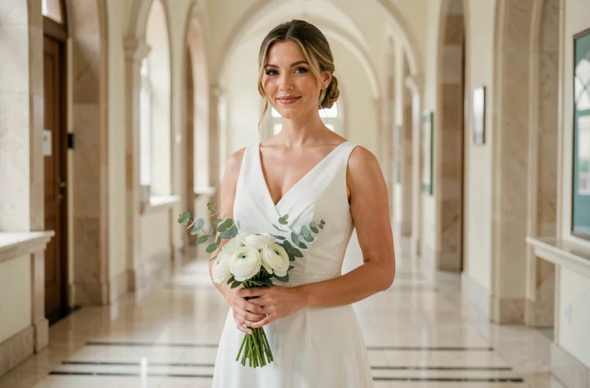 Femme en robe de mariée simple blanc cassé pour mariage civil, tenant un bouquet de renoncules blanches dans un couloir élégant avec sol en marbre