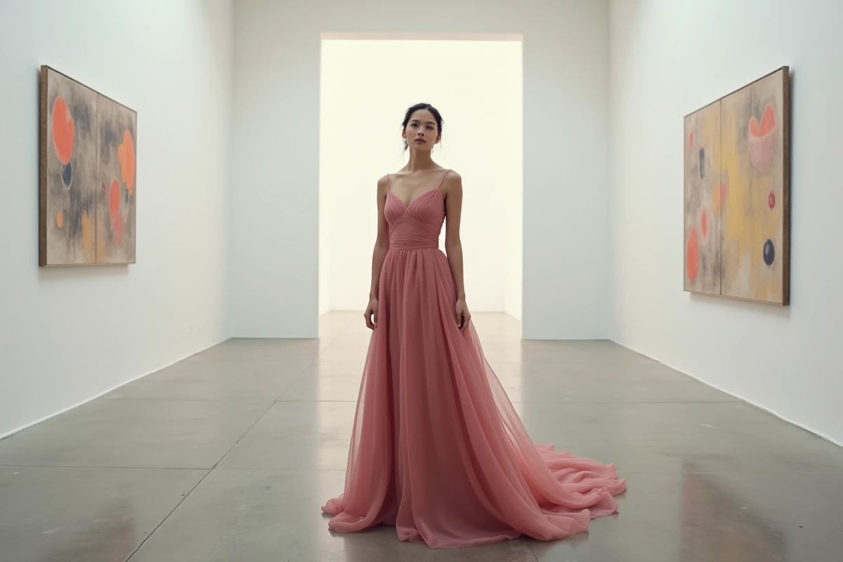 Mariée en robe de mariée rose poudré moderne dans une galerie d'art contemporaine aux murs blancs