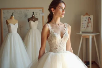 Jeune mariée en robe princesse sur mesure dans un atelier de couture parisien entouré de tissus et patrons