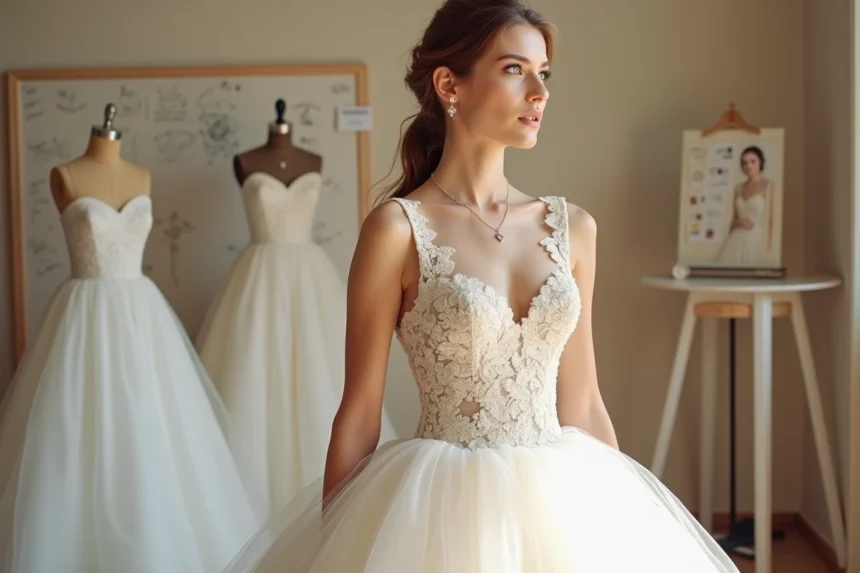 Jeune mariée en robe princesse sur mesure dans un atelier de couture parisien entouré de tissus et patrons