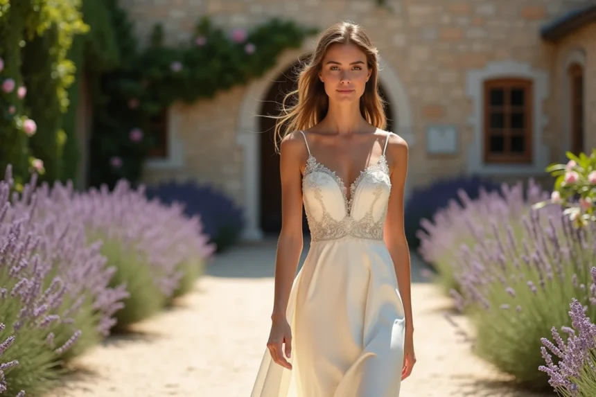 Mariée en robe de mariage ivoire traditionnelle dans une cour en pierre de Provence entourée de lavande et de roses