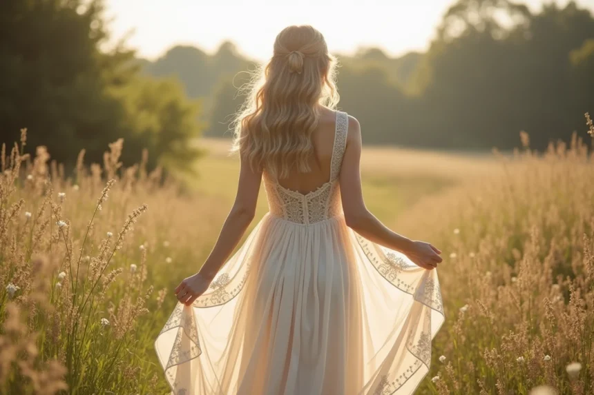 Femme portant une robe de mariée bohème fluide en dentelle dans une prairie fleurie, vue en pied