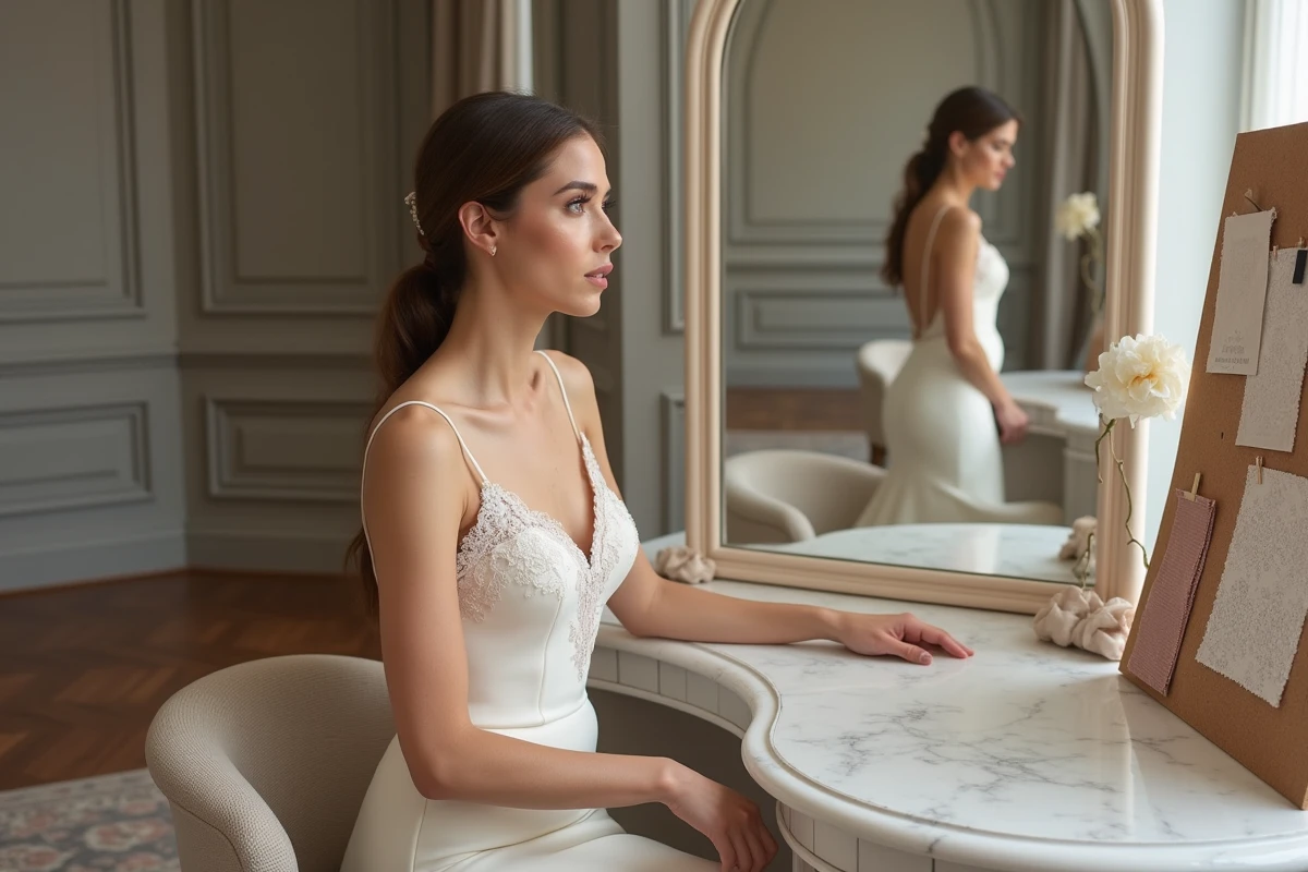 Femme en robe de mariée avec appliqués de dentelle assise devant une coiffeuse en marbre, étudiant des échantillons de tissus pour éviter un effet vieilli