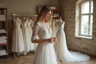 Femme portant une robe de mariée en dentelle ivoire dans un atelier parisien, examinant les détails de la broderie avec un sourire naturel