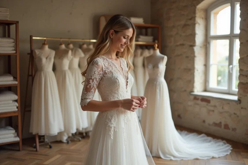 Femme portant une robe de mariée en dentelle ivoire dans un atelier parisien, examinant les détails de la broderie avec un sourire naturel