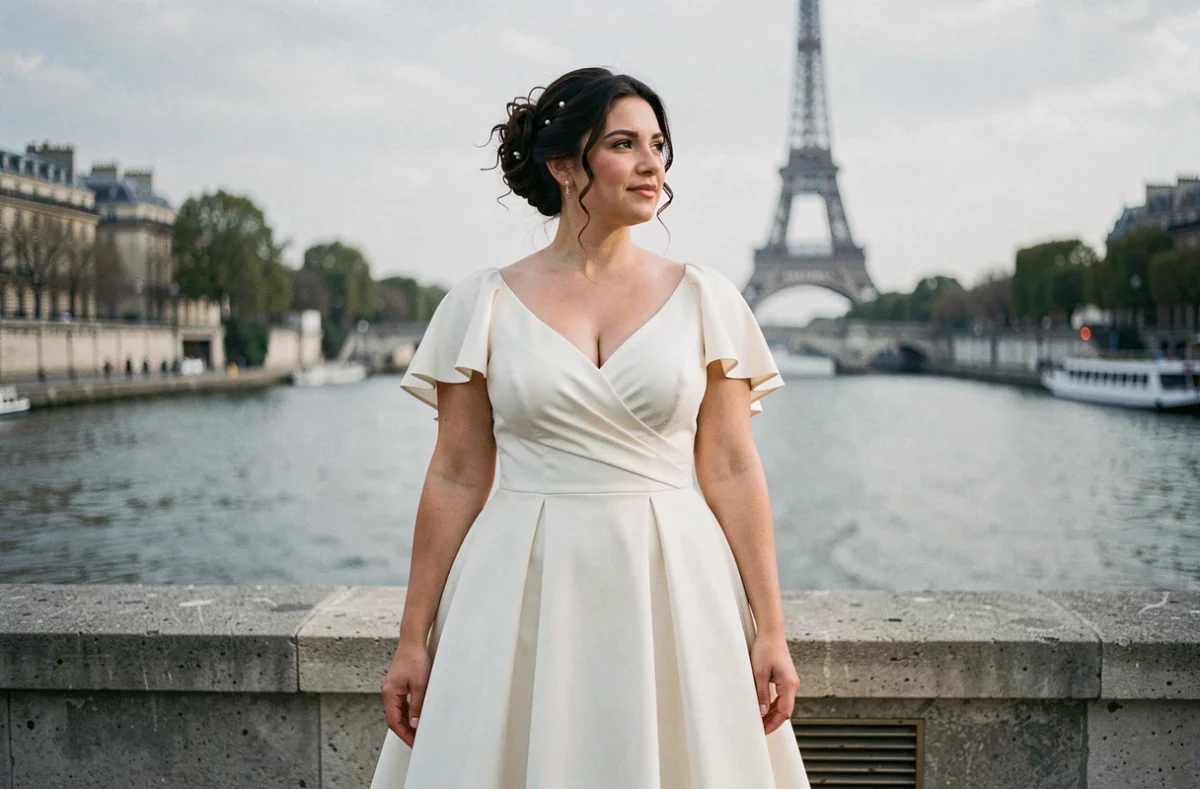 Mariée ronde en robe empire ivoire posant au bord de la Seine à Paris avec la Tour Eiffel en arrière-plan flou