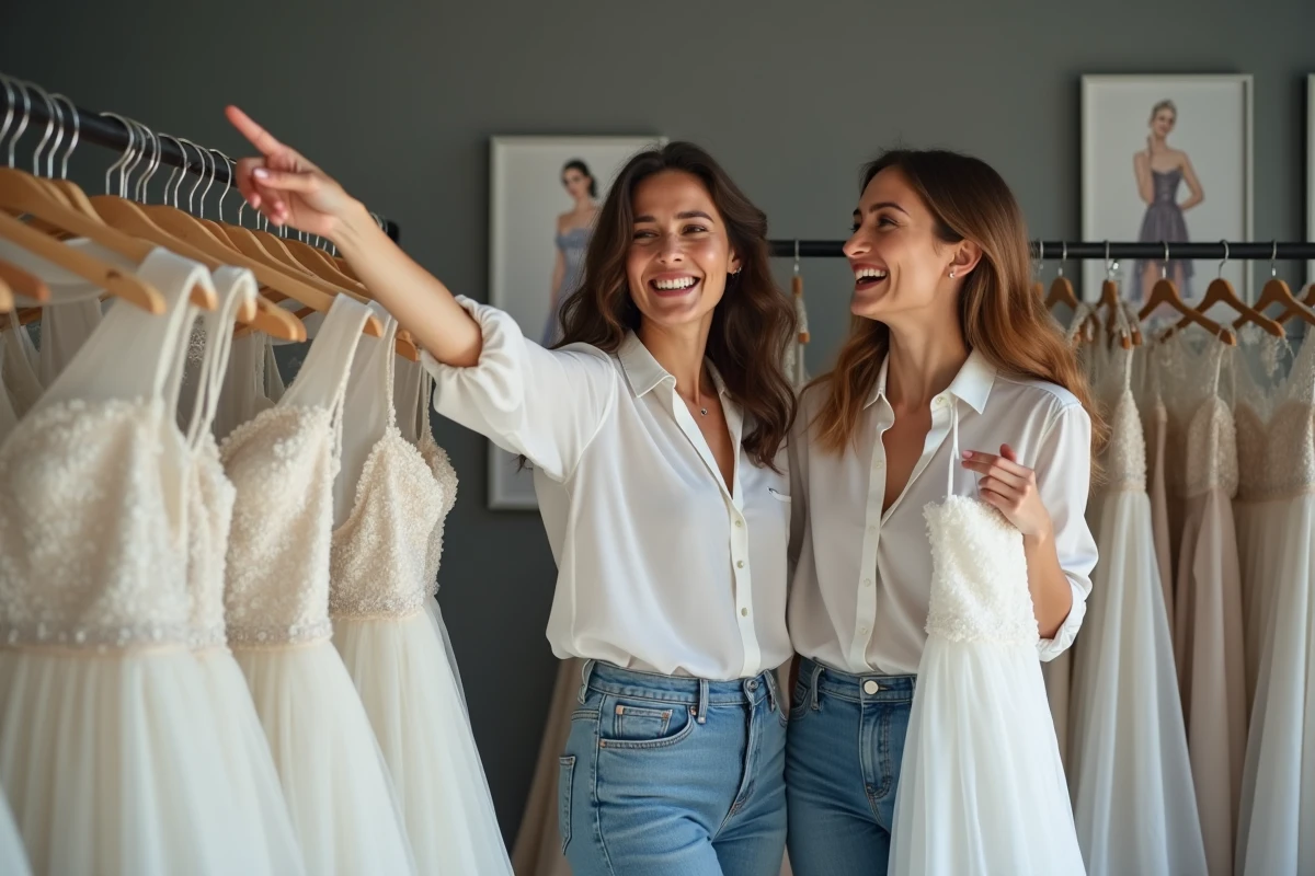 Deux amies parcourant des robes de mariée abordables dans une boutique de Lyon, comparant des modèles élégants à petit prix