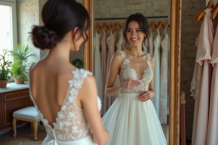 Jeune mariée essayant une robe de mariée ivoire dans une boutique abordable de Lyon, souriante devant un miroir antique