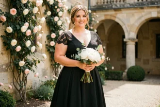 Femme grande taille en robe de mariée noire en dentelle dans une cour de château français avec un bouquet de pivoines blanches