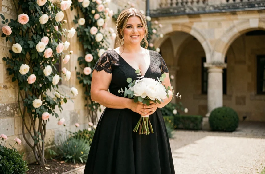 Femme grande taille en robe de mariée noire en dentelle dans une cour de château français avec un bouquet de pivoines blanches