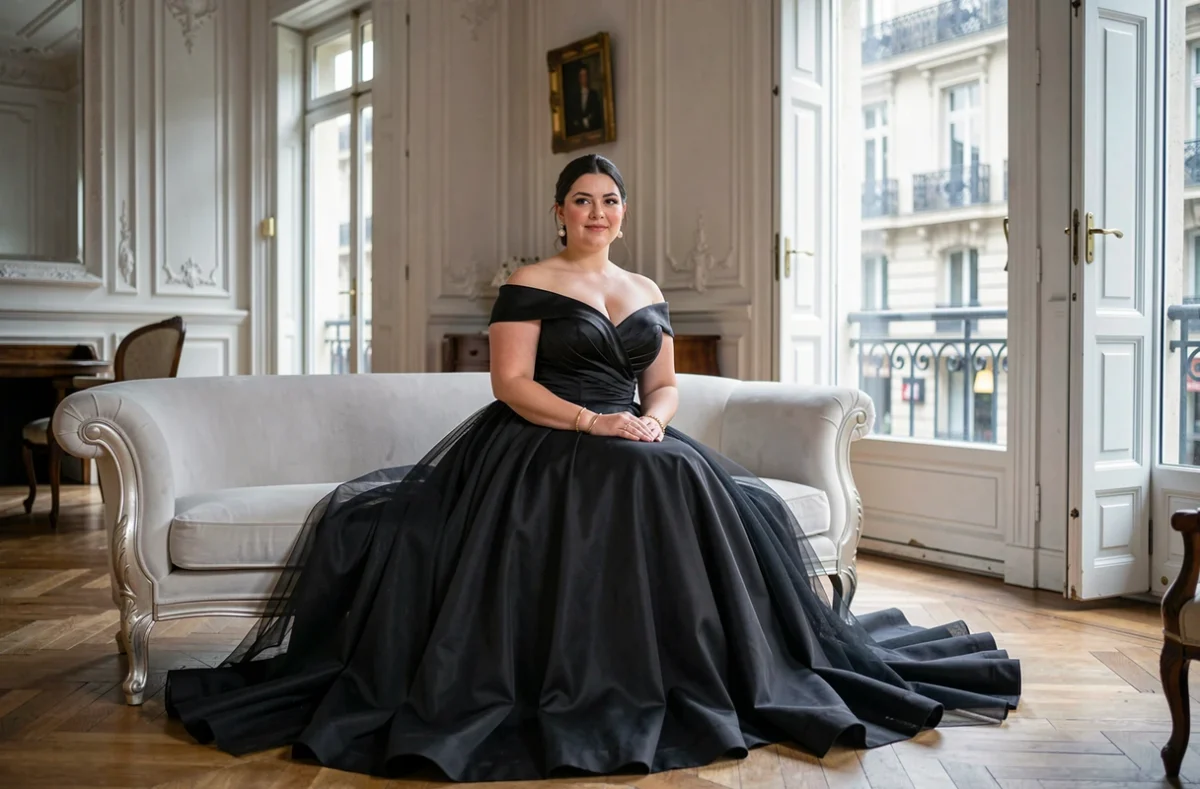 Mariée grande taille en robe noire satin et tulle assise sur une chaise longue dans un appartement parisien haussmannien