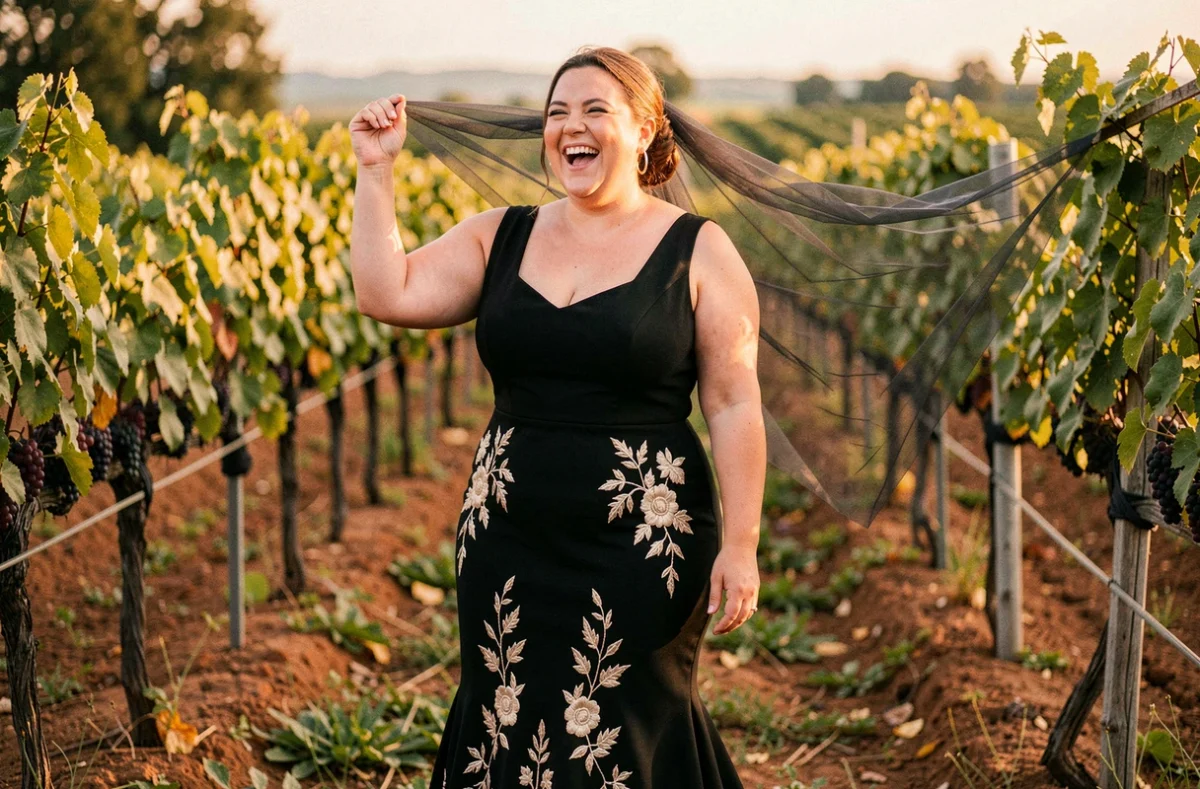 Mariée grande taille en robe noire sirène brodée avec voile dans un vignoble du sud de la France