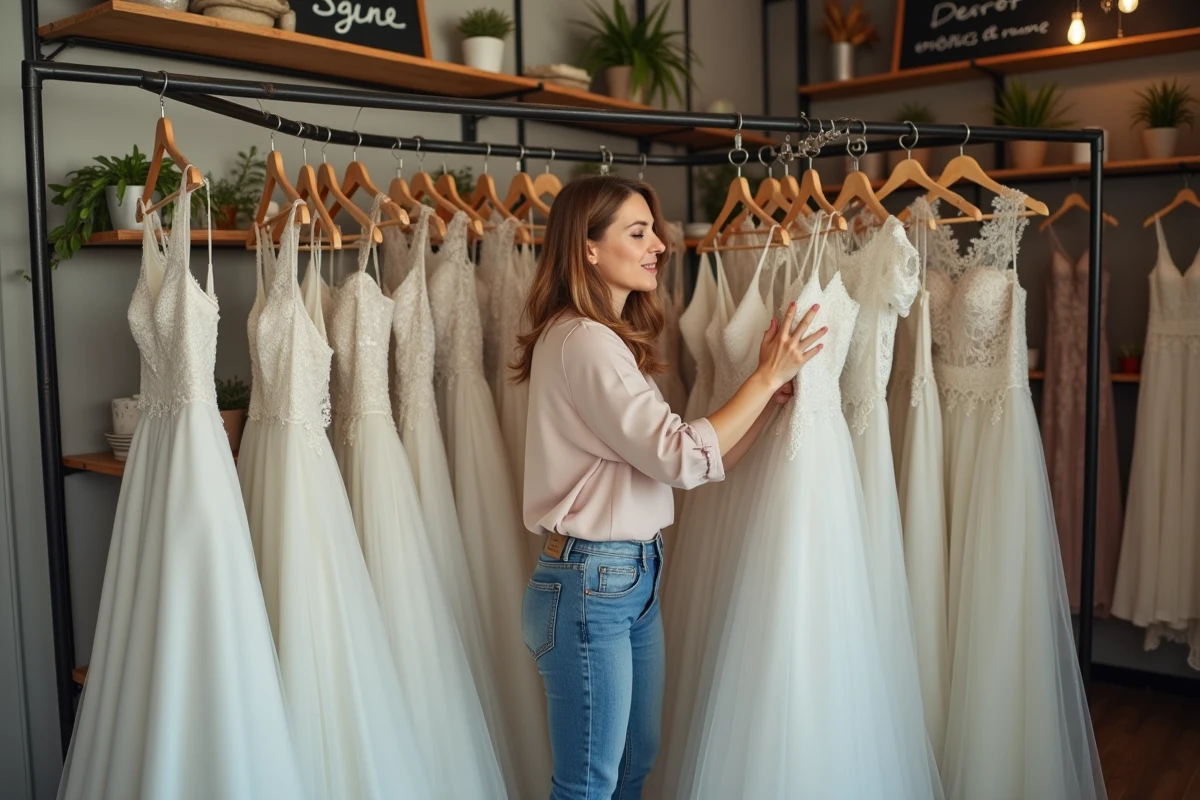 Femme parcourant des robes de mariée d'occasion dans une boutique de dépôt-vente, petits prix visibles sur les étiquettes