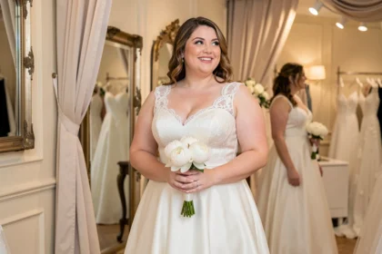 Femme ronde essayant une robe de mariée pas chère de style A-line dans une boutique parisienne, souriant devant un miroir vintage