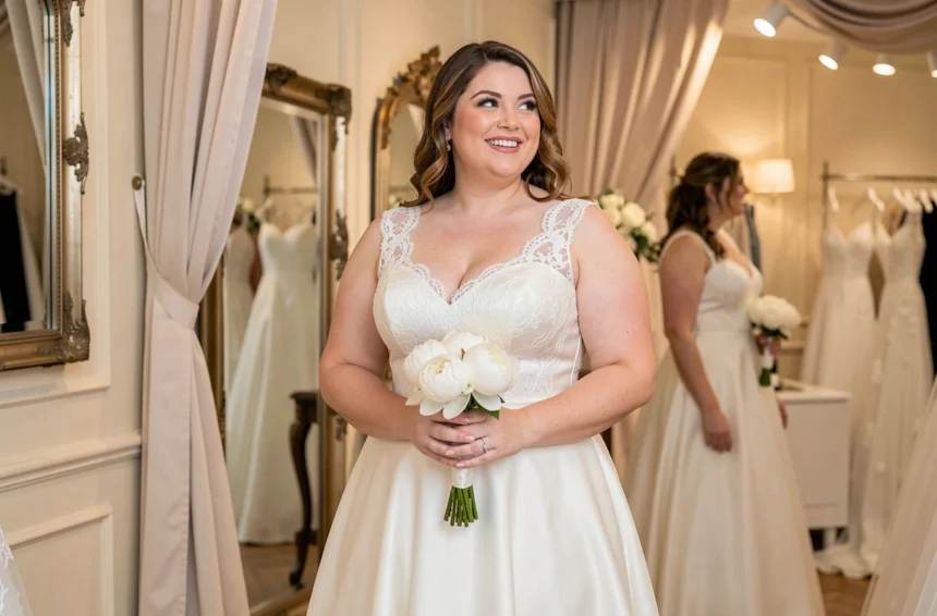 Femme ronde essayant une robe de mariée pas chère de style A-line dans une boutique parisienne, souriant devant un miroir vintage