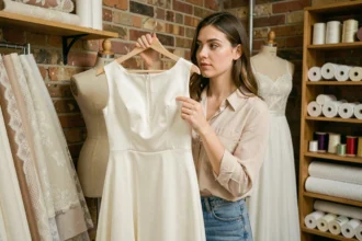 Jeune femme essayant une robe de mariée simple dans un petit atelier de couture sur mesure