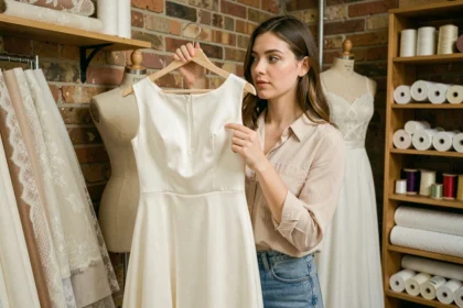Jeune femme essayant une robe de mariée simple dans un petit atelier de couture sur mesure