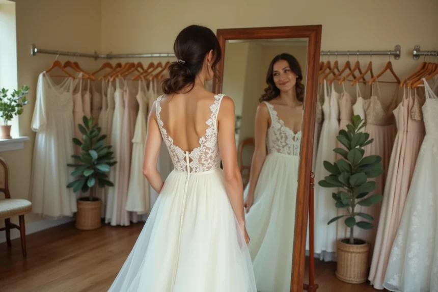 Jeune mariée essayant une robe de mariée simple et élégante dans une petite boutique vintage avec des rangées de robes et un miroir en pied