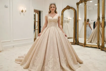 Mariée en robe de mariée princesse bouffante à paillettes dans une boutique de mariage élégante, vue en pied