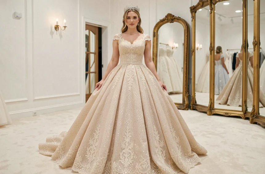 Mariée en robe de mariée princesse bouffante à paillettes dans une boutique de mariage élégante, vue en pied