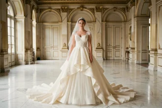 Robe de mariée princesse longue traîne cathédrale en dentelle ivoire portée dans un château européen au sol en marbre blanc