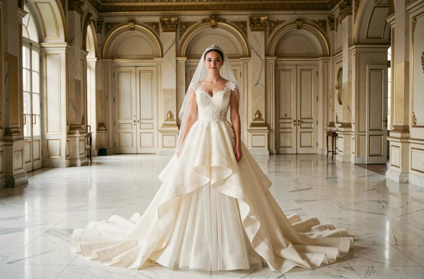 Robe de mariée princesse longue traîne cathédrale en dentelle ivoire portée dans un château européen au sol en marbre blanc