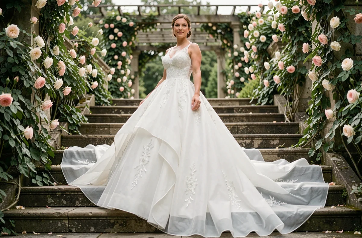 Robe de mariée princesse en organza blanc avec longue traîne déployée sur un escalier en pierre d'un jardin fleuri de roses