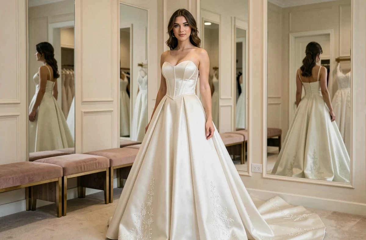Femme essayant une robe de mariée princesse en satin avec traîne brodée de perles dans une boutique de luxe aux miroirs multiples