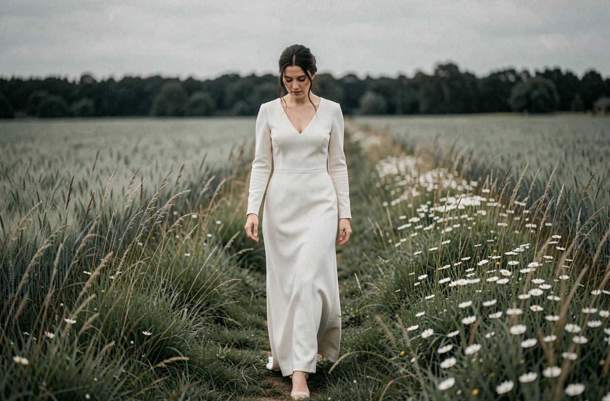 Mariée portant une robe de mariée simple en crêpe blanc cassé marchant sur un chemin de campagne entouré d'herbes sauvages et de marguerites