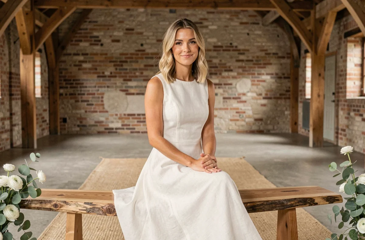 Mariée assise sur un banc en bois brut dans une grange rénovée, portant une robe de mariée simple en coton-lin blanc à coupe trapèze épurée