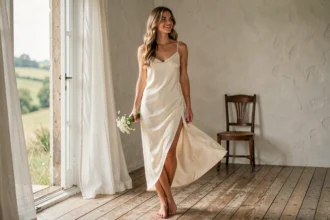 Mariée en robe simple en soie ivoire debout pieds nus dans une pièce lumineuse aux murs blanchis à la chaux, tenant un bouquet de fleurs sauvages blanches