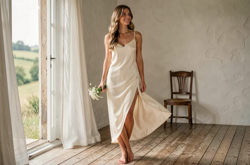 Mariée en robe simple en soie ivoire debout pieds nus dans une pièce lumineuse aux murs blanchis à la chaux, tenant un bouquet de fleurs sauvages blanches