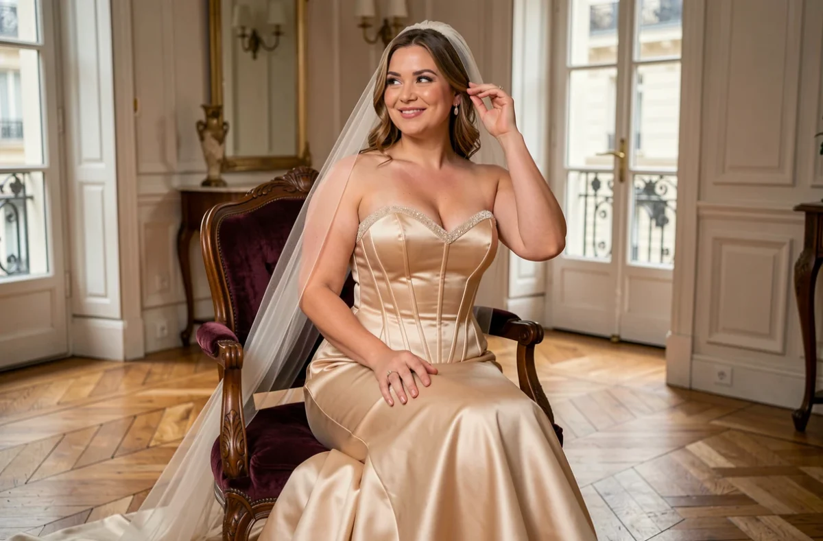 Femme aux courbes prononcées portant une robe de mariée sirène champagne dans un appartement haussmannien parisien