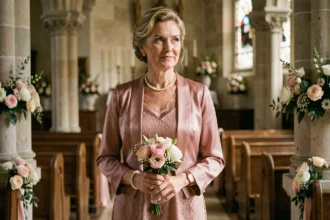 Mère de mariée en robe longue rose poudrée avec bolero en dentelle dans une église décorée pour un mariage religieux