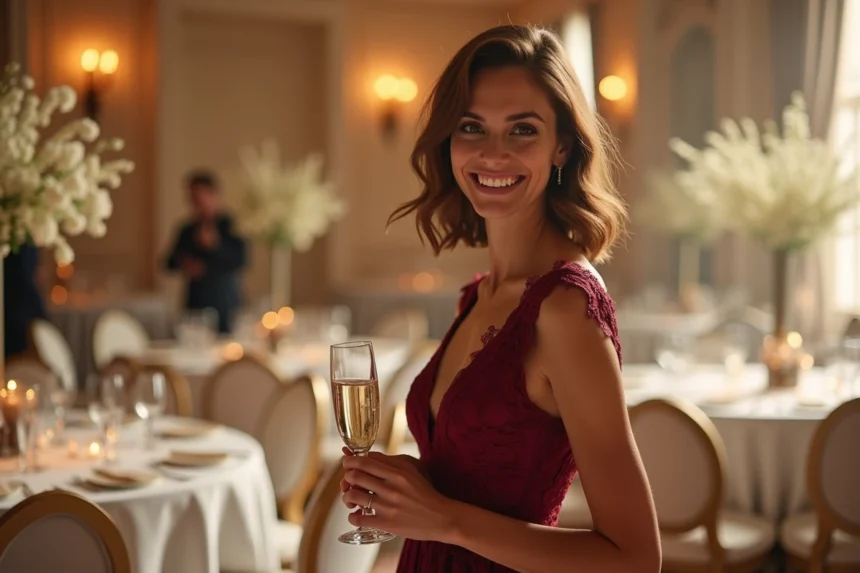 Femme en robe rouge bordeaux dentelle lors d'une réception de mariage élégante