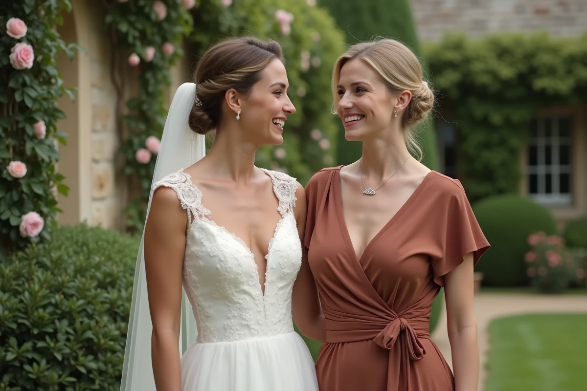 Invitée en robe rouge terracotta aux côtés de la mariée dans un jardin de château